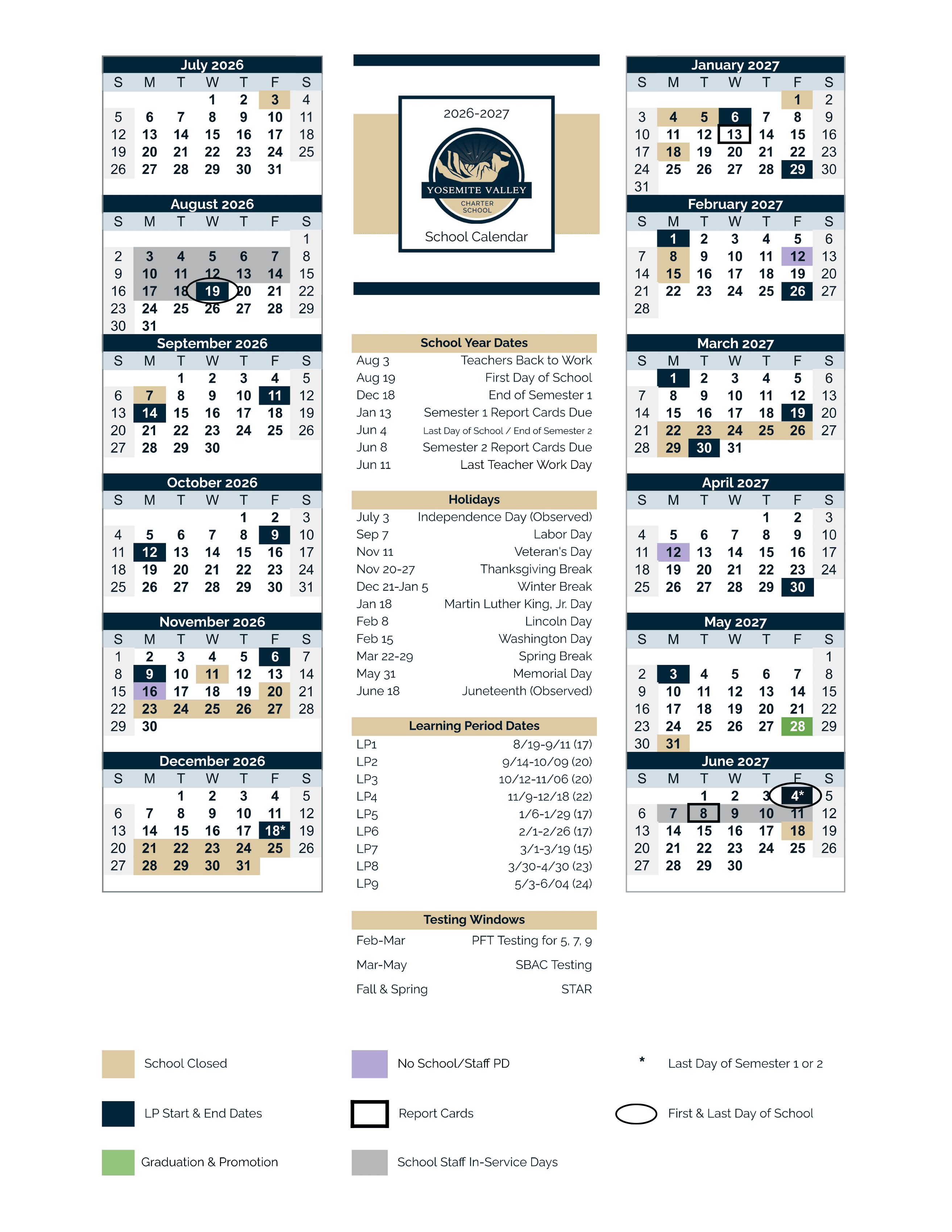 Yosemite Valley Charter School 2026–2027 academic calendar
