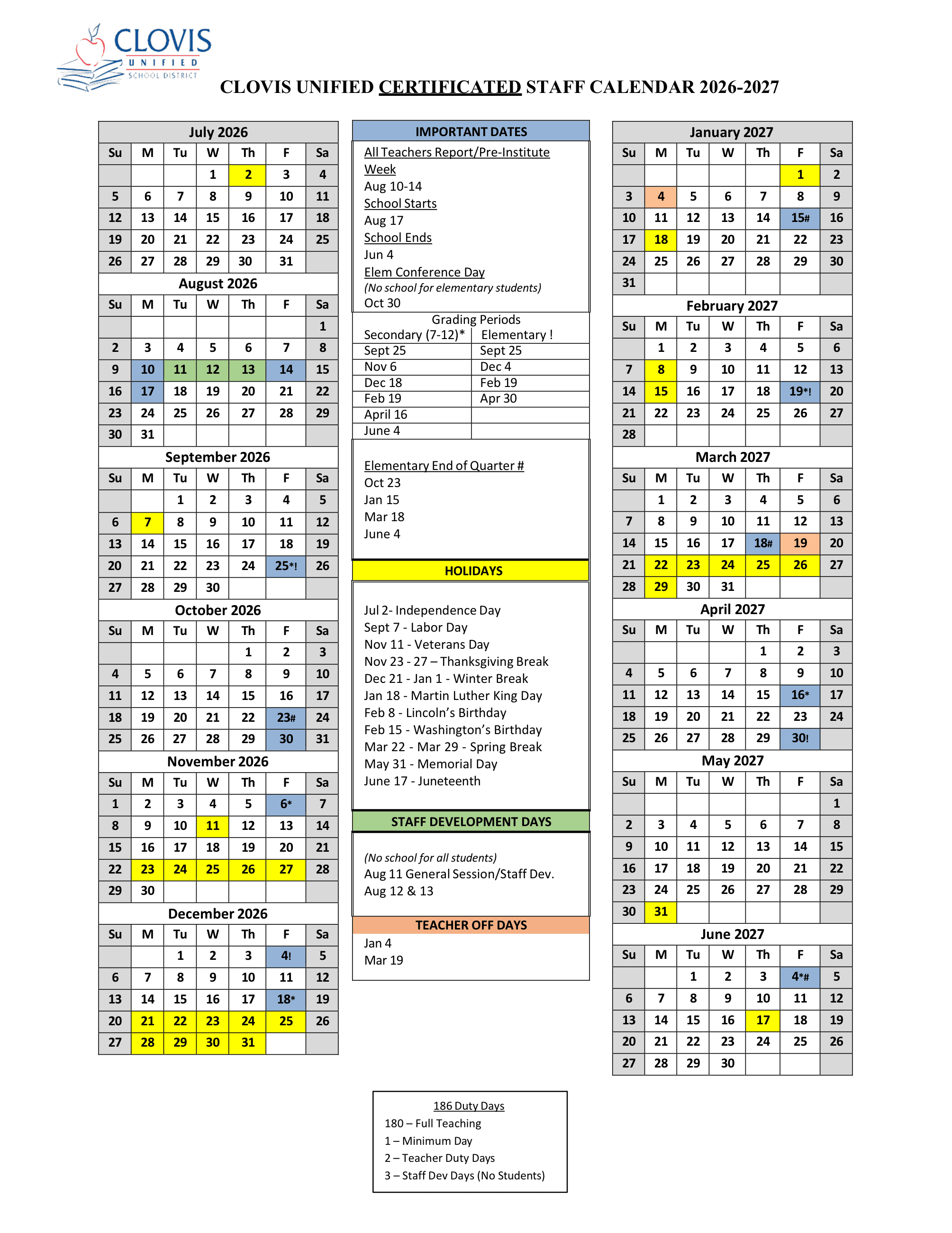Clovis Unified School District 2026–2027 academic calendar