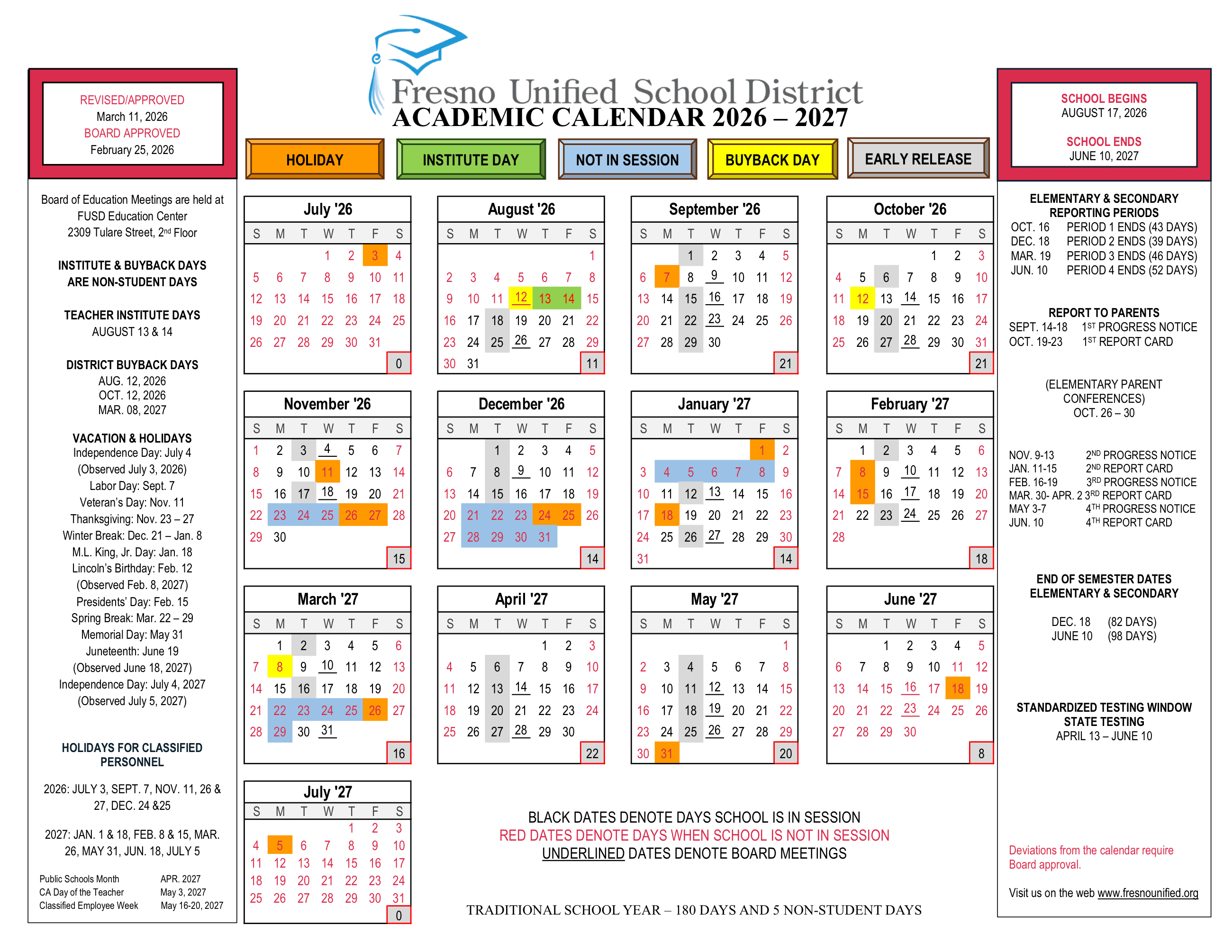 Fresno Unified School District 2026–2027 academic calendar