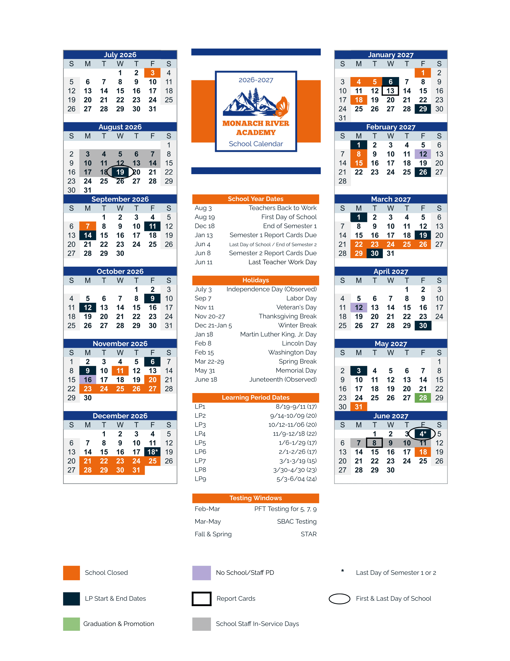 Monarch River Academy 2026–2027 academic calendar
